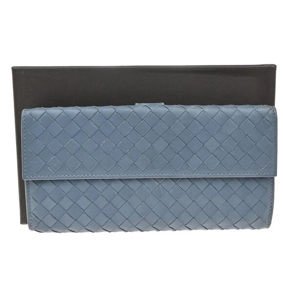 BOTTEGA VENETA Logo Intrecciato Long Bifold Wallet Leather Blue 67FC166
